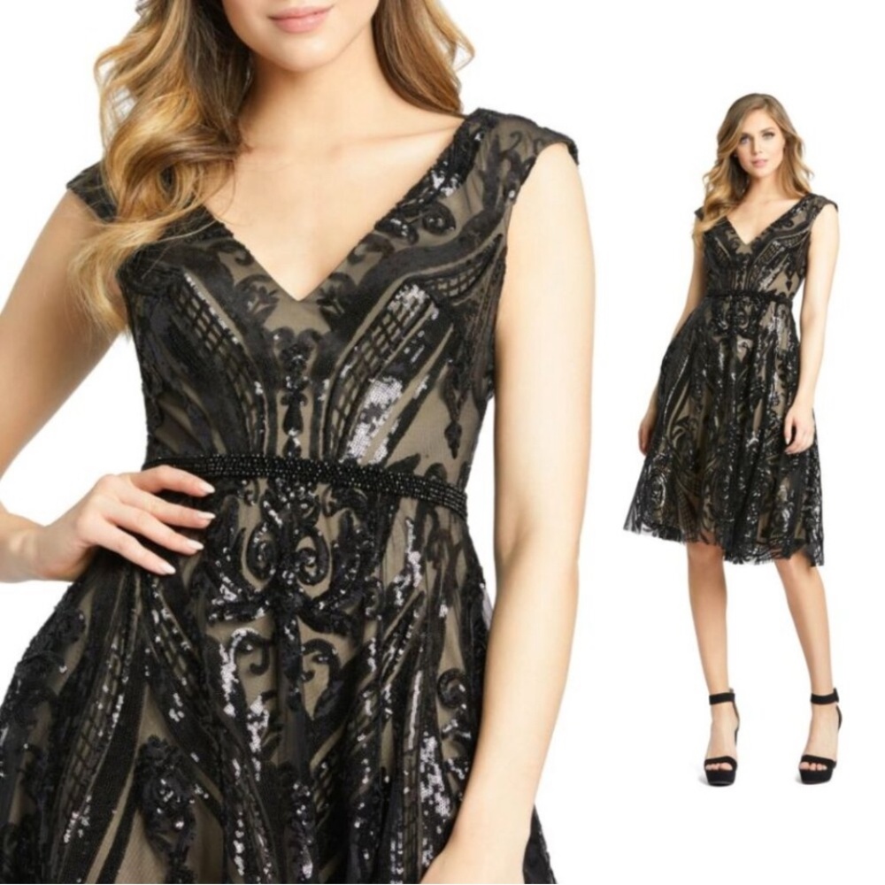 Mac Duggal 67514 Size 2 Nude Black Damask Sequined Sleeveless Formal Party Dress